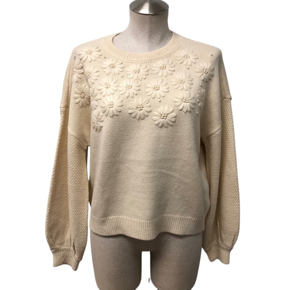 Hyacinth House Sweater Womens Small Cream Floral Embroidered Knit Coquette